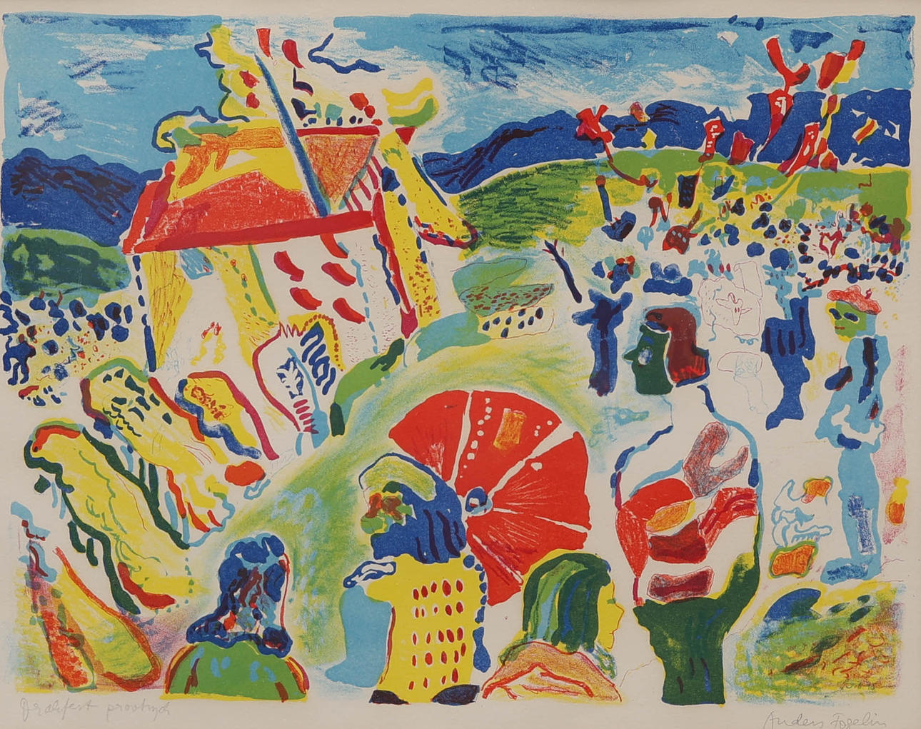 ANDERS FOGELIN. colour lithograph, “Drakfest”, sample print, signed.