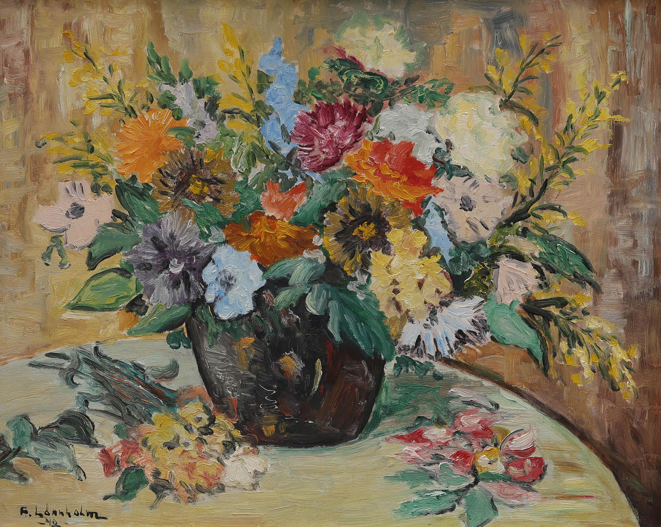 OIDENTIFIERAD KONSTNÄR. oil on panel, flower still life, signed, dated -42.