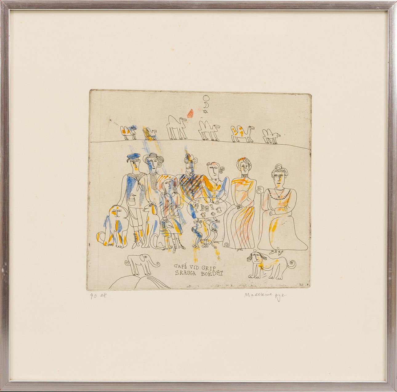 MADELEINE PYK. “Cafe vid grip beard table”, coloured etching, signed and marked 90 ex.