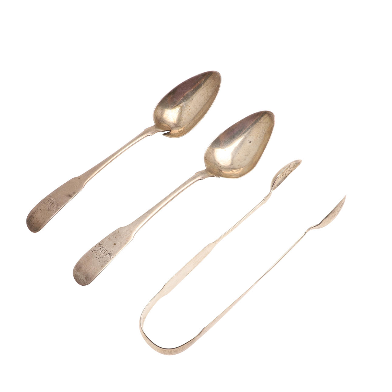 A PAIR OF GEORGE III IRISH SILVER FIDDLE PATTERN TABLE SPOONS AND A PAIR OF WILLIAM IV IRISH SILVER SUGAR TONGS.