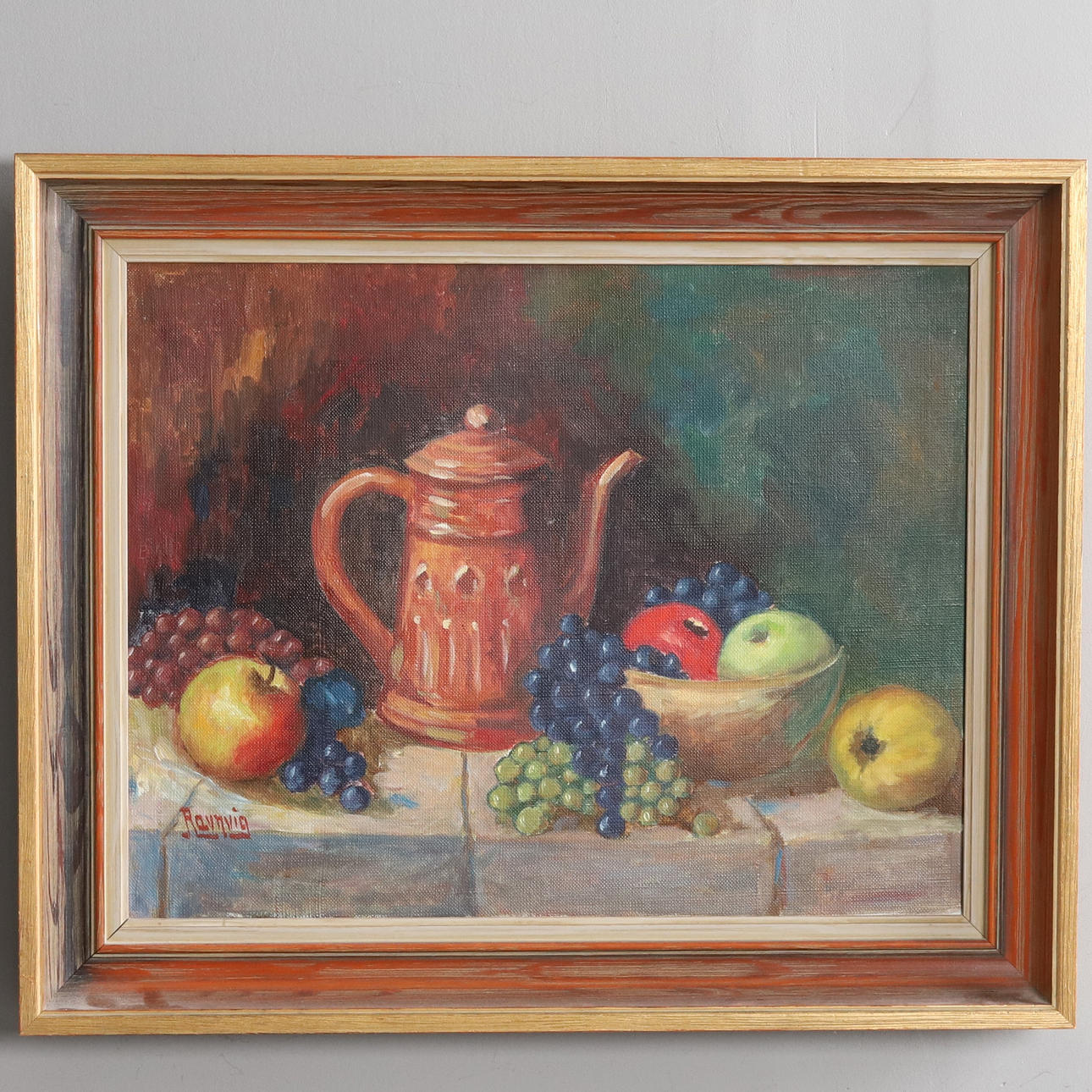OIDENTIFIERAD KONSTNÄR. BACKGAMMON. Oil on canvas, “Fruit still life”, signed.