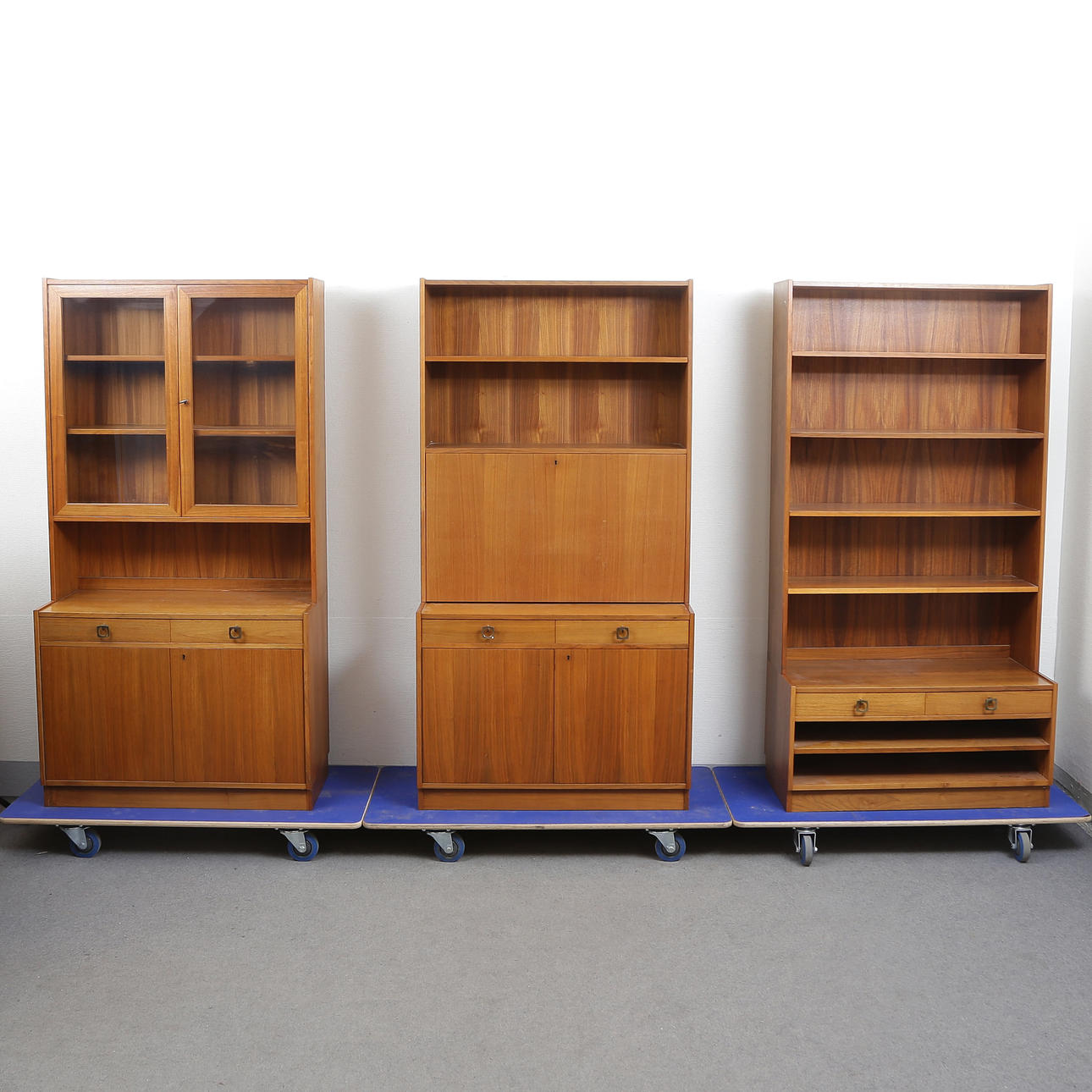 BOOKCASE, 3 SECTIONS, WALNUT VENEER, 1960S/1970S.