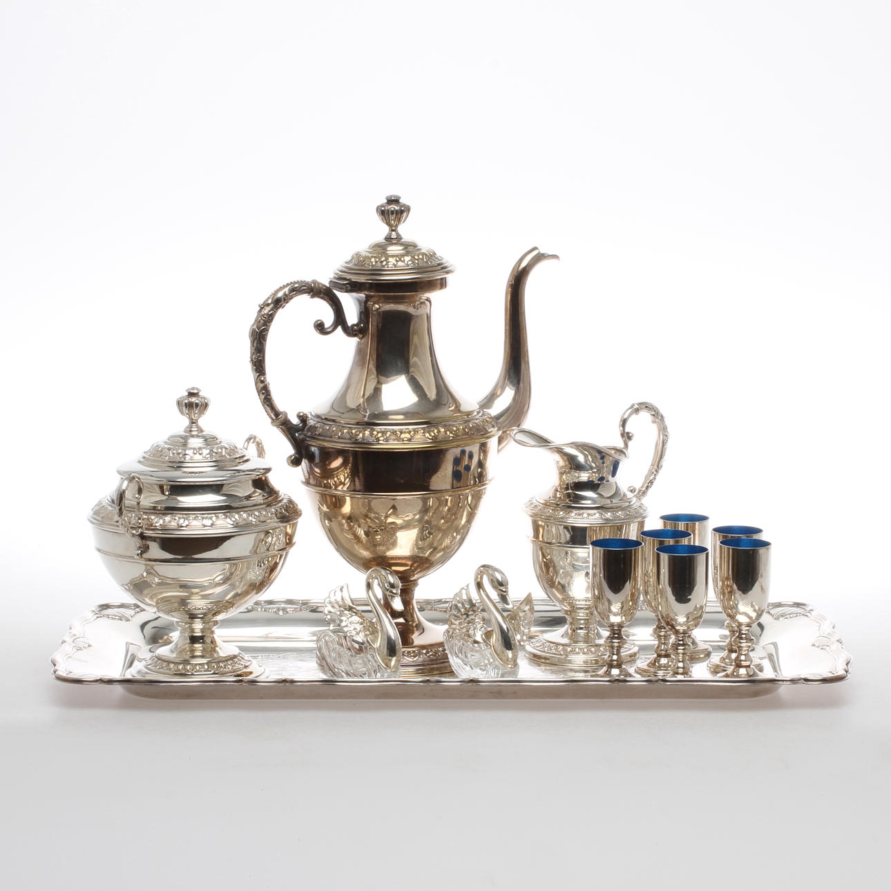 PARTI NYSILVER, 12 delar, bland annat kaffeservis, bricka, glas, 1900-tal.