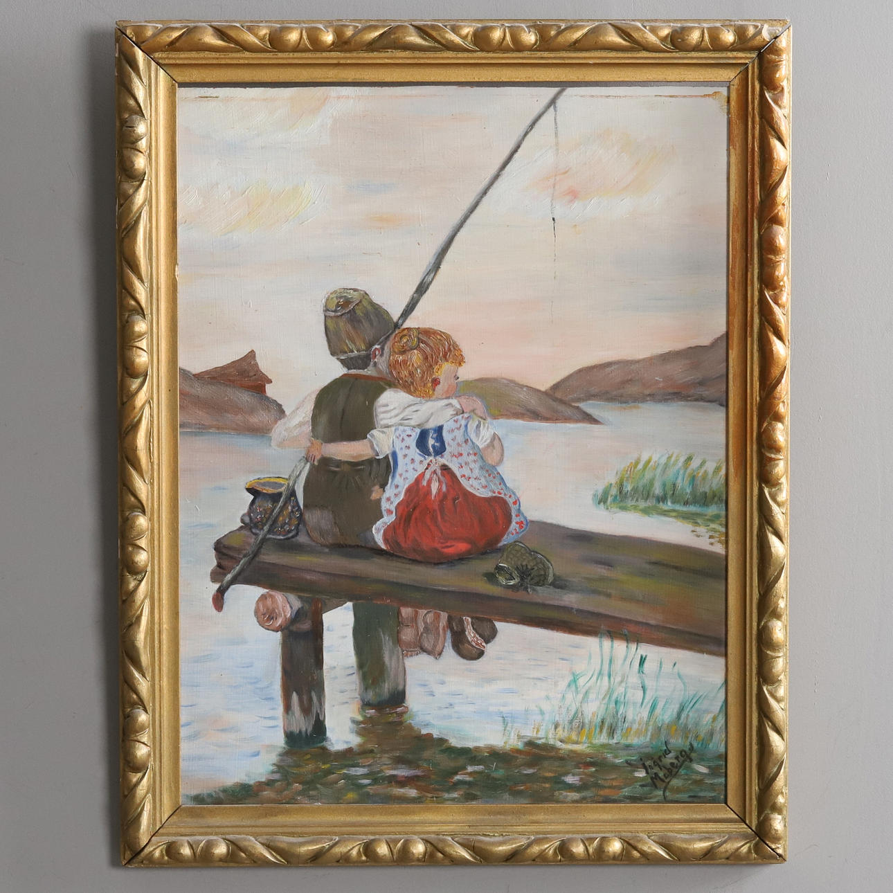 OIDENTIFIERAD KONSTNÄR. BACKGAMMON. Oil on panel, “Fishing Child, signed.