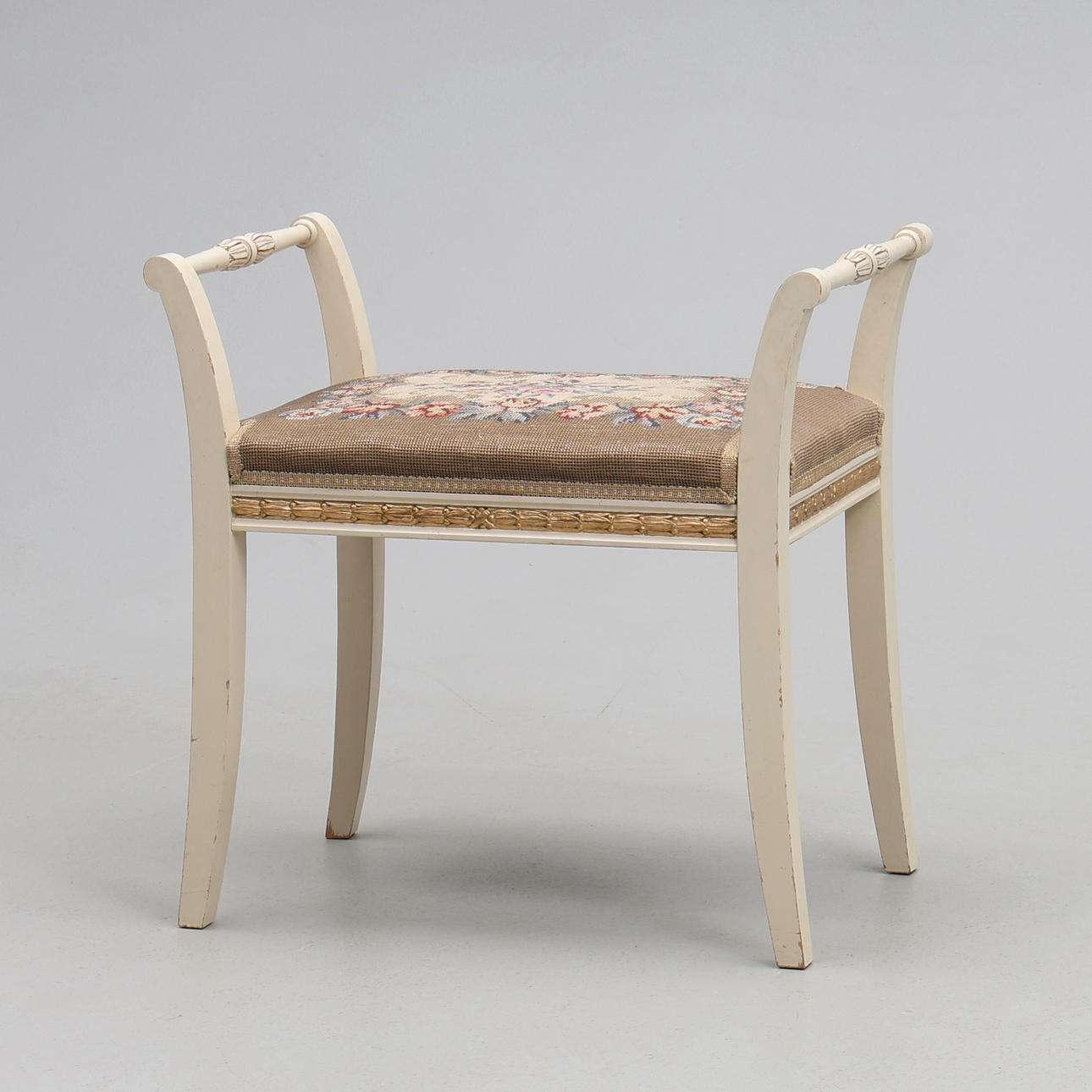 STOOL, embroidered seat.