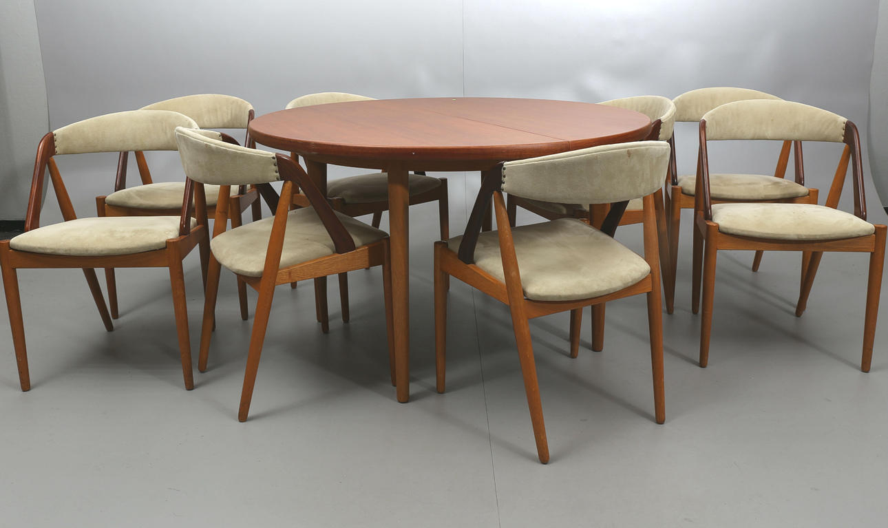 MATSALSMÖBEL, olika träslag och alcantara, 9 delar, bord märkt JOC, JO Carlsson, Vetlanda.