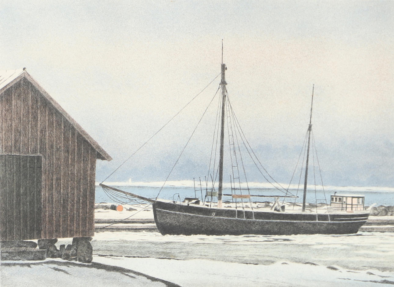 REINHOLD LJUNGGREN. Vinterhamn, lithograph in colours, signed R. Ljunggren.