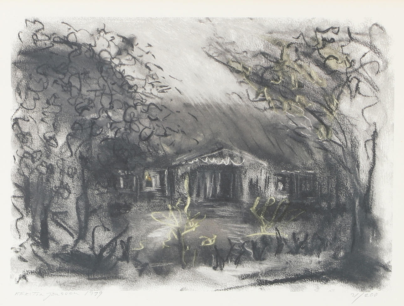 KERSTIN JÖNSSON. Landscape with farm, lithograph in colours, signed 1979.