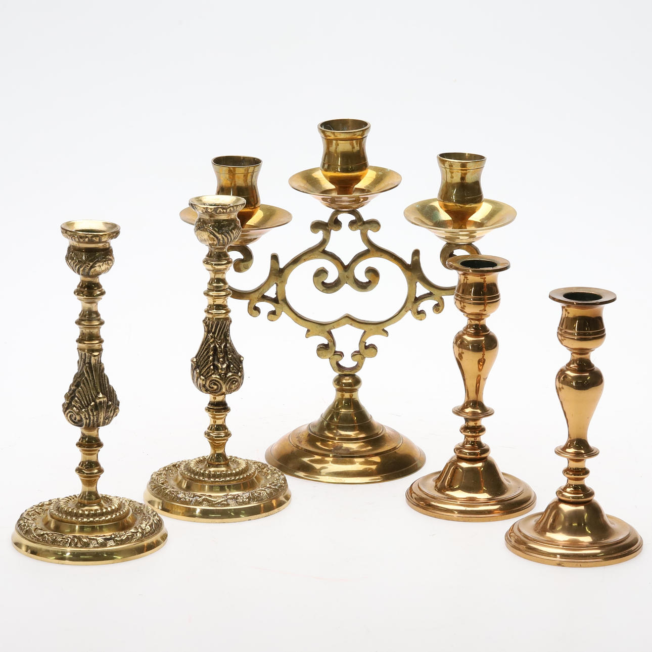 5 CANDELABERS & CANDLESTICKS, brass & ore.