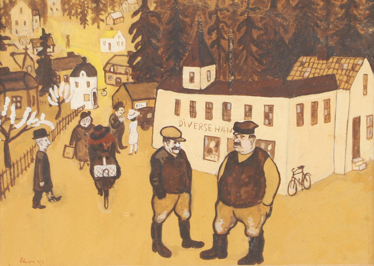 OIDENTIFIERAD KONSTNÄR. Men in conversation, mixed media, unclear s.