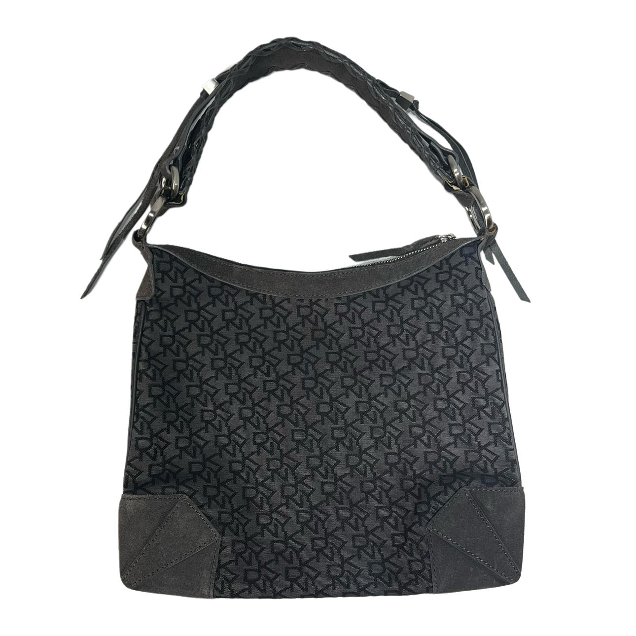 DKNY. Canvas-Tasche mit Logo und Veloursleder in Anthrazitgrau.