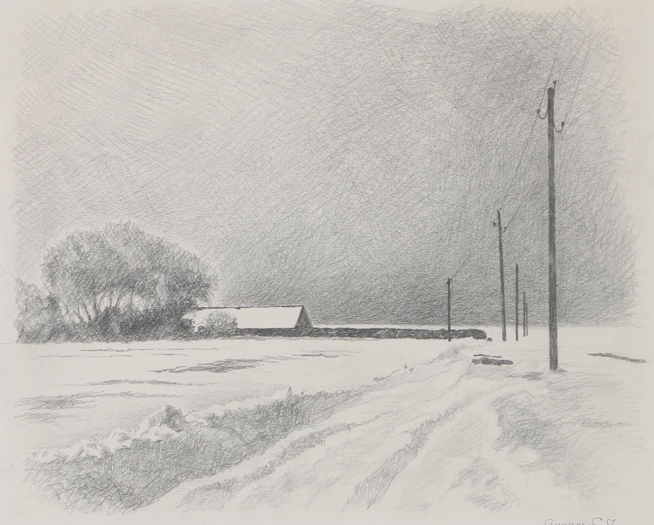 GUNNAR LYTH. Vinterlandskap, teckning, signerad.