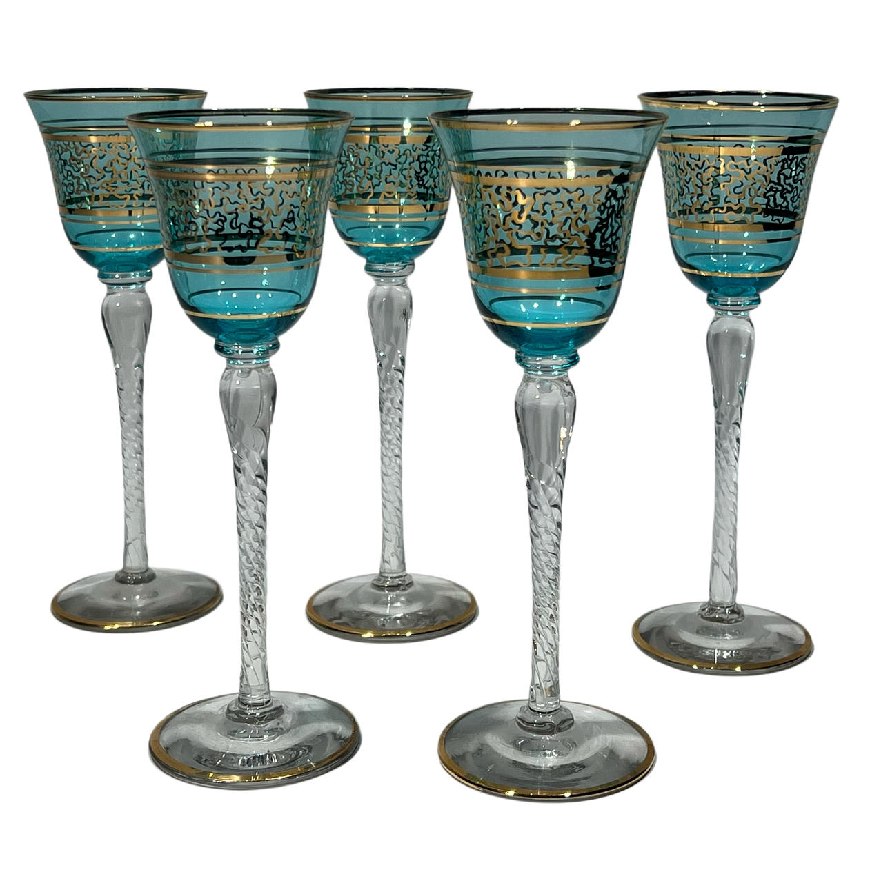 Set mit 5 blauen Kristallgläsern mit Golddekor.