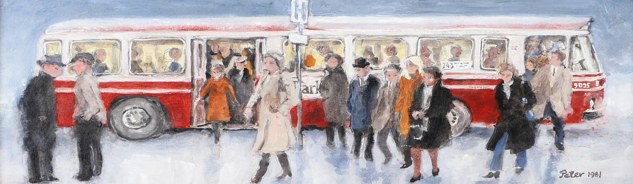 IVAN PETERSSON. Busstop, olie på panel, signeret Peter 1981.