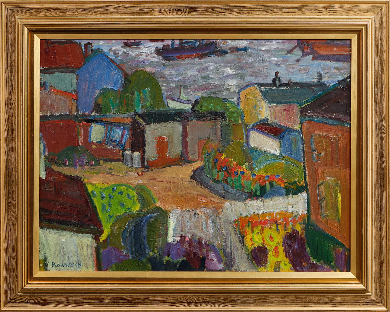 BRITA HANSSON. Cityscape, oil on panel, signed.