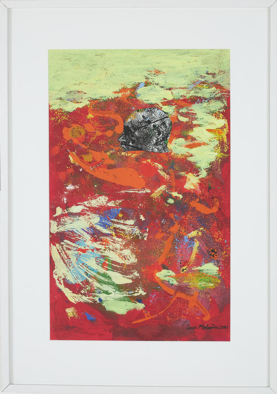 LARS MELANDER. Composition with face, gouache with collage, signed and dated 2001.