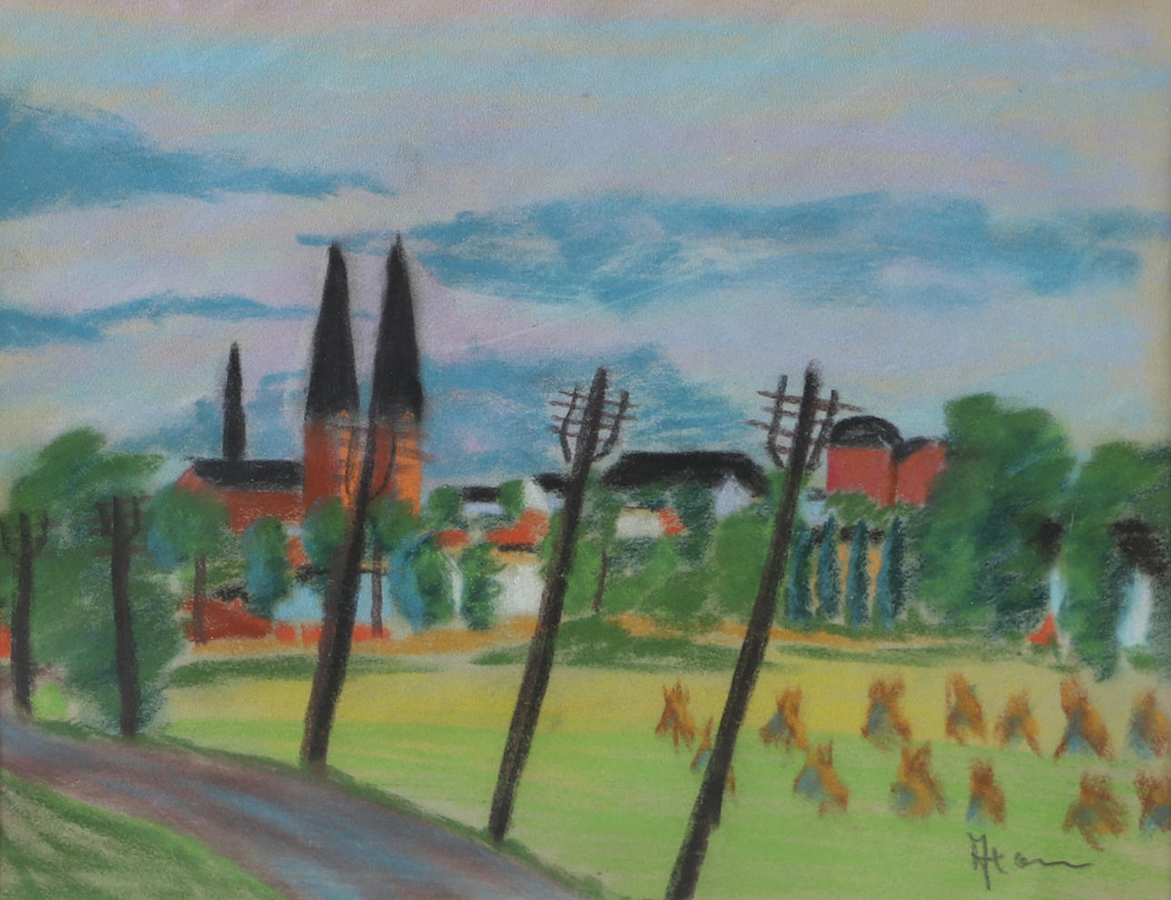 OIDENTIFIERAD KONSTNÄR. Landschaft mit Kirche, Pastell, undeutlich signiert.