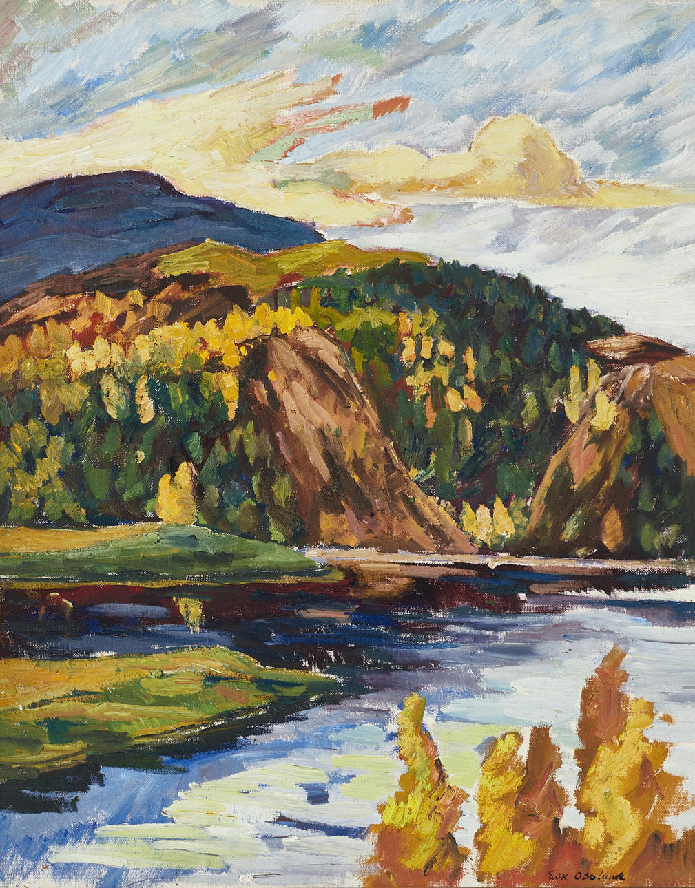 ERIK OSSLUND (1913—1982): “View from Helmer Osslund's cottage (Sollefteå), signed, Erik Osslund, oil on panel.