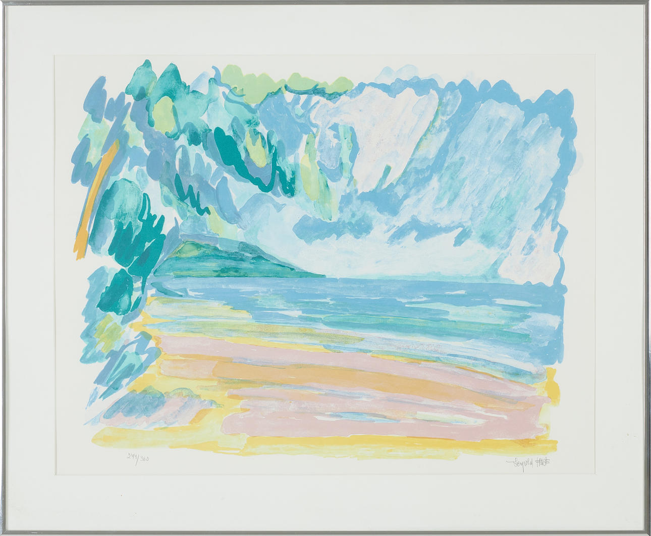 LEOPOLD FARE. Beach by the sea, color lithograph, signed and dated.