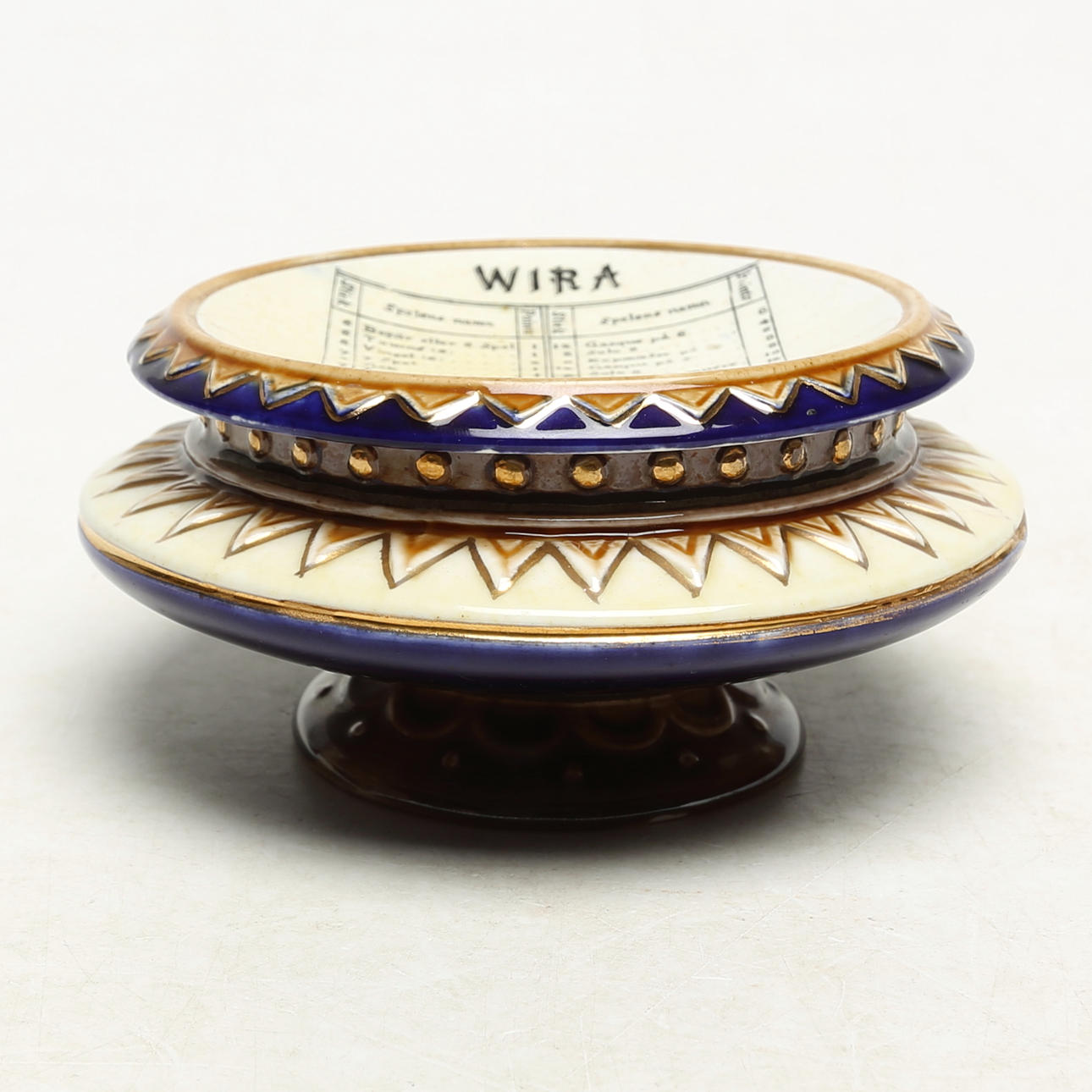 A tin box with text: WIRA-SPEL, flintware, Rörstrand, late 19th century.