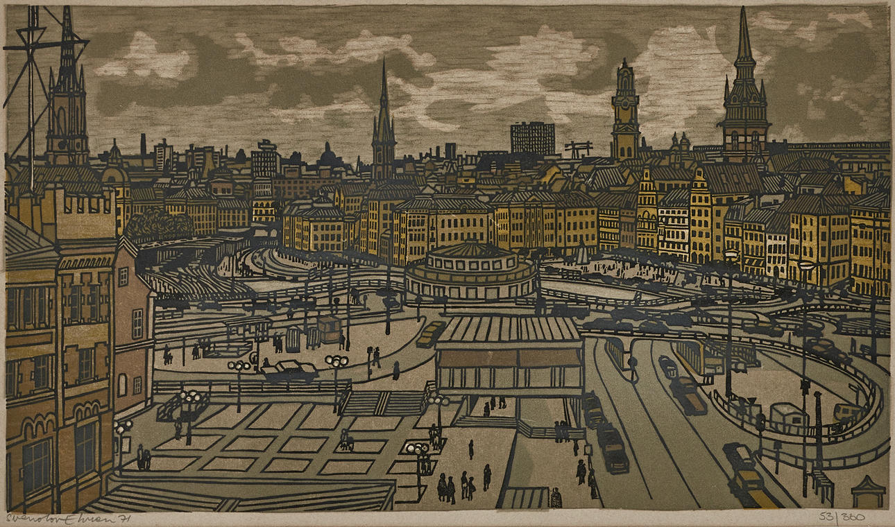 SVEN-OLOV EHRÉN. “From Katarinahissen”, signed and dated Svenolov Ehrén 71, numbered 53/360, woodcut.