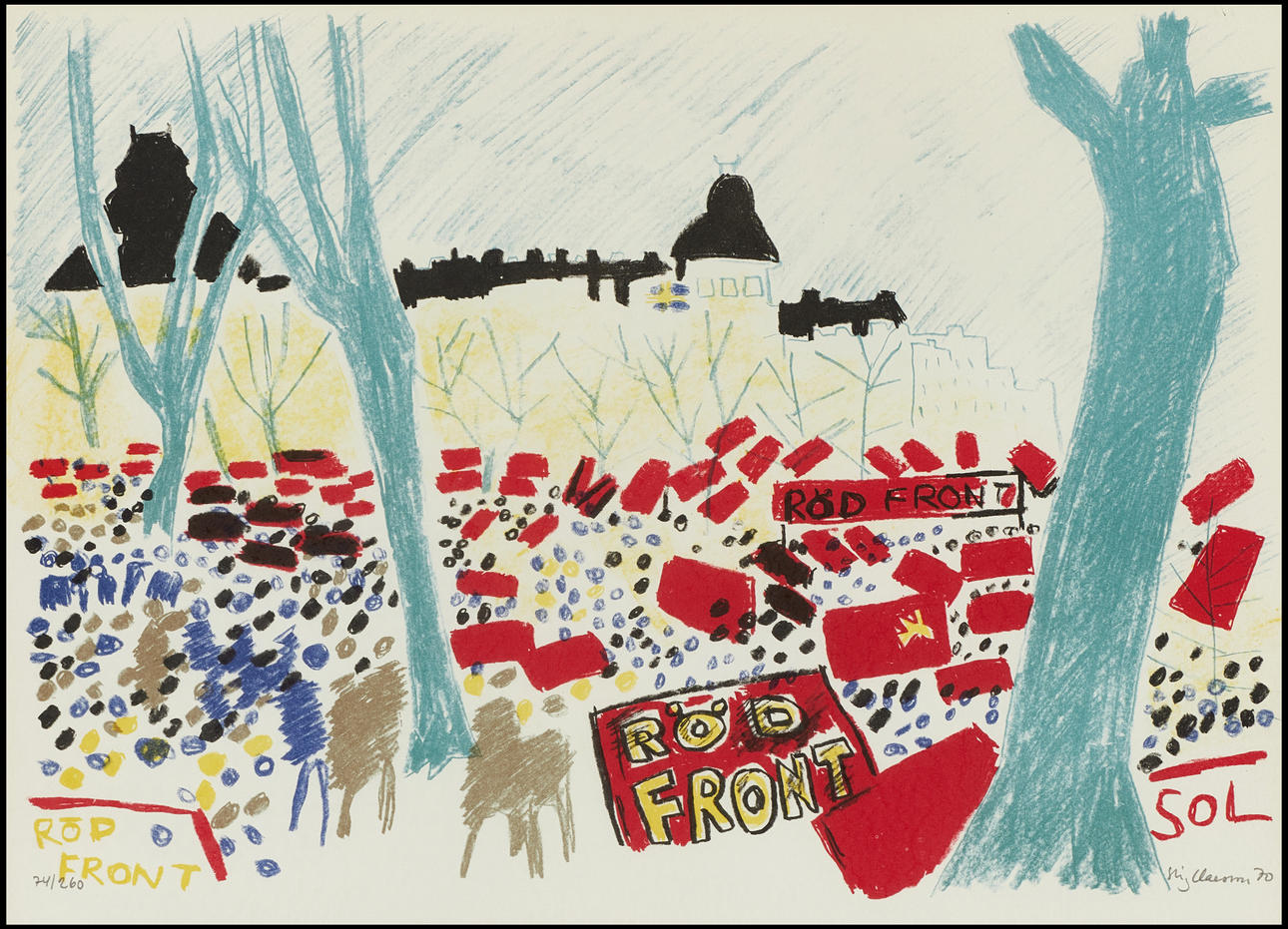 STIG (SLAS) CLAESSON. “Första maj”, from the portfolio Vår i Stockholm, signed, numbered 74/260, dated 70, lithograph in colours.