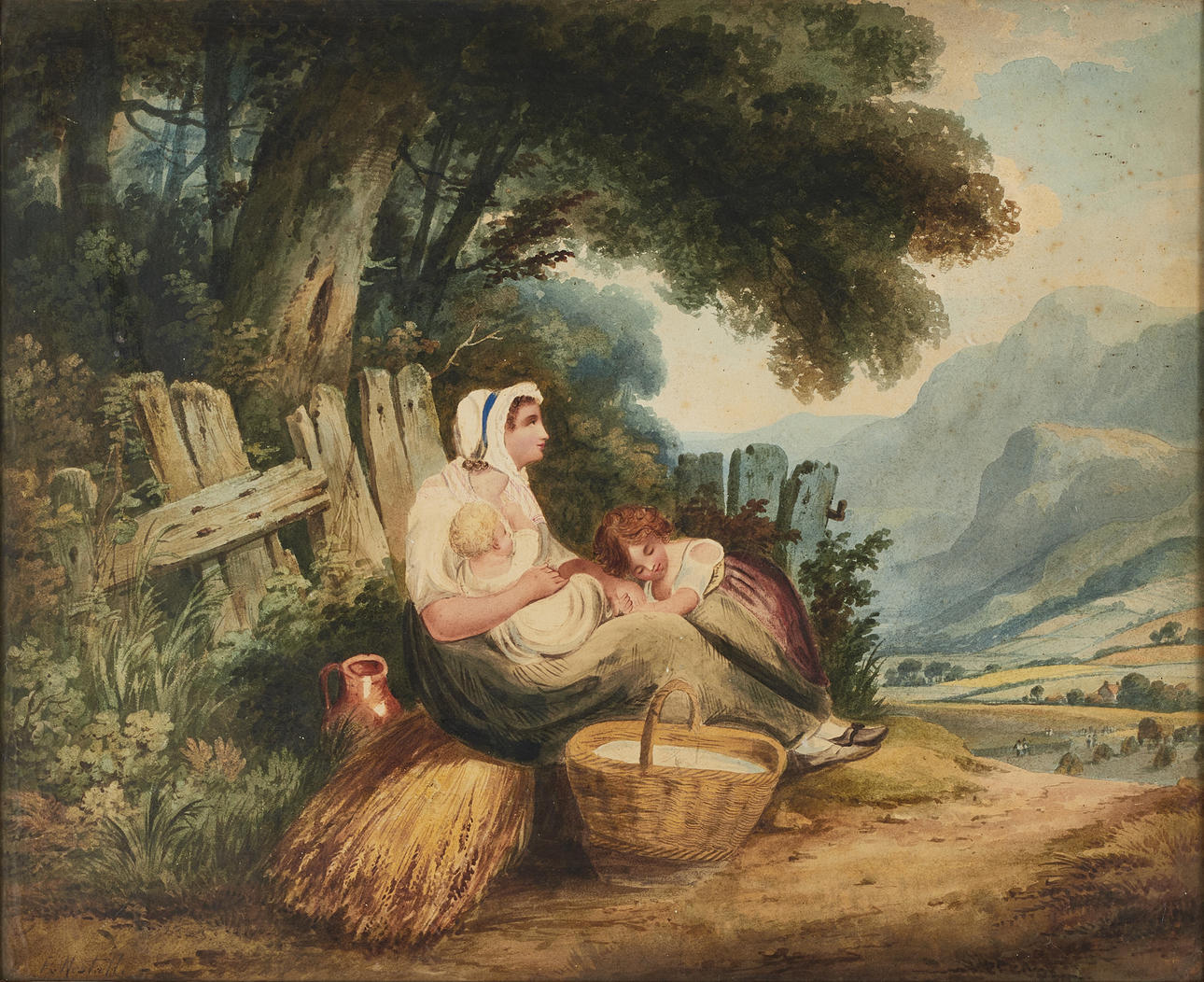 RICHARD WESTALL, Motif with mother and child in rural idyll, signed “R Westall” in the lower left corner. watercolor on paper.