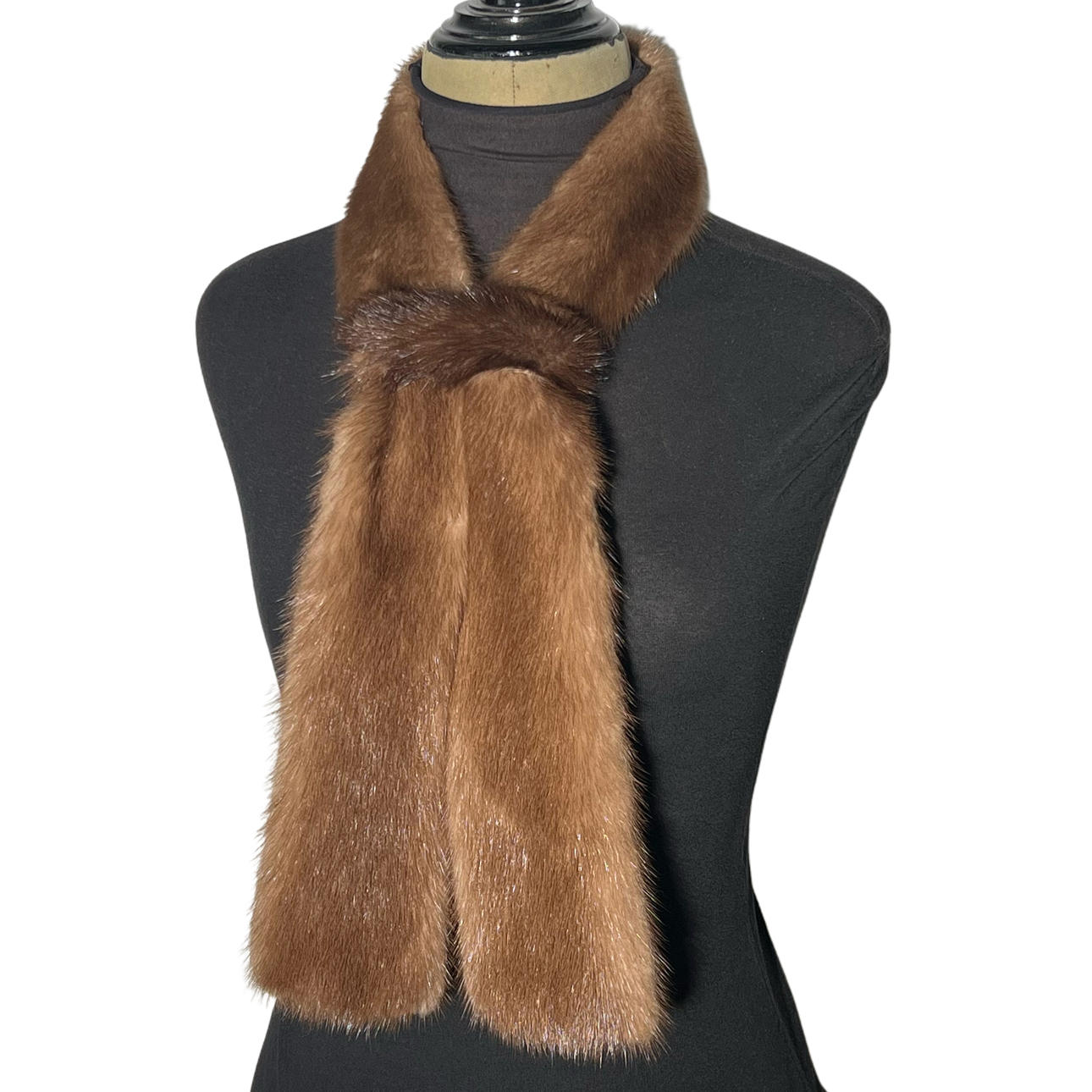 Caramel-colored mink tie scarf.