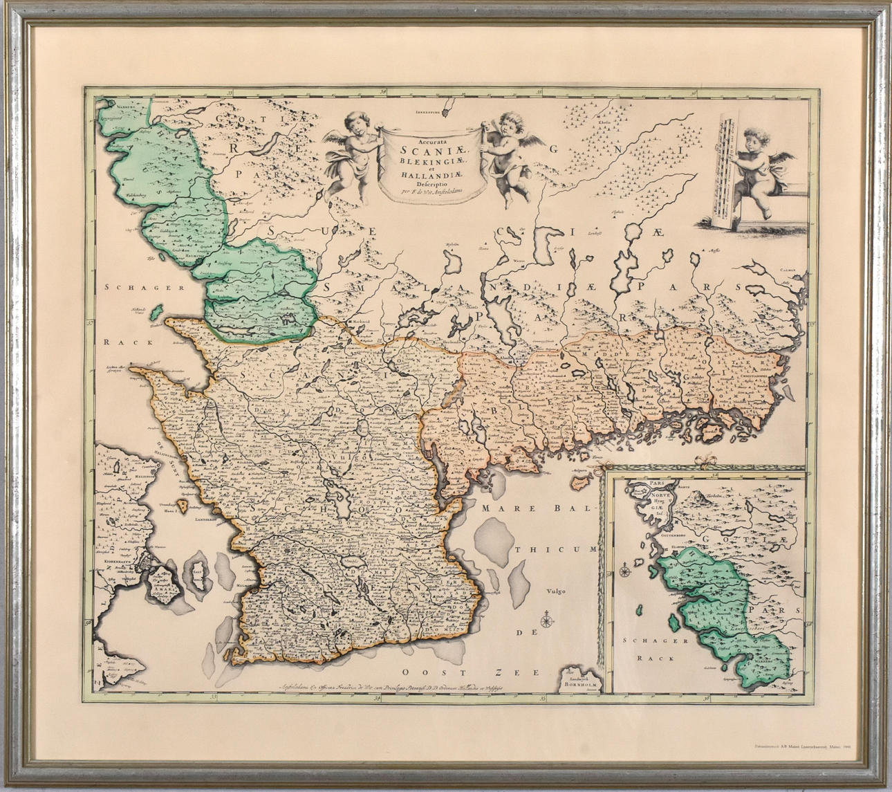 MAP, facsimile print, Skåne, Halland and Blekinge at the middle of the 17th century.