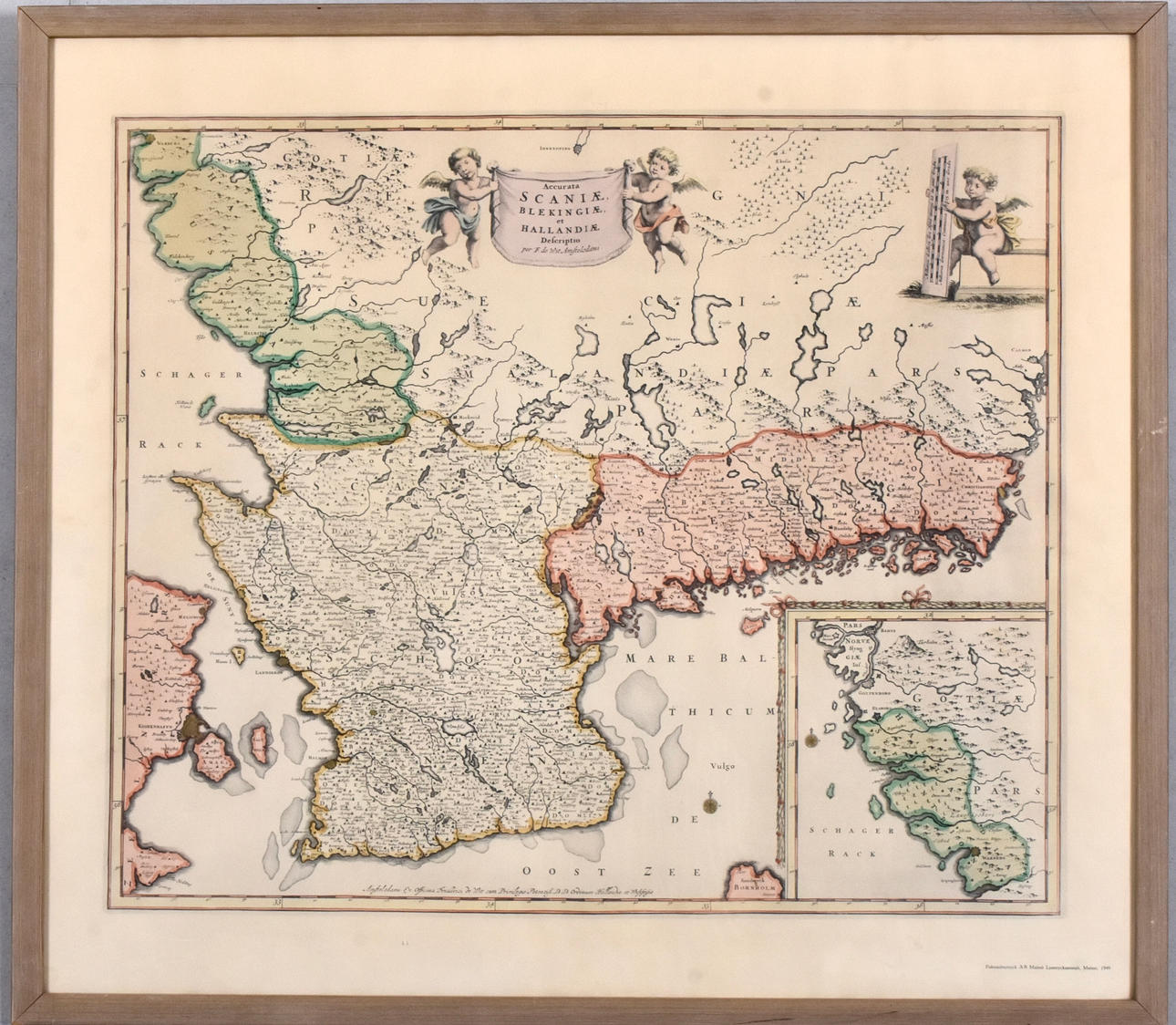 MAP, facsimile print, Skåne, Halland and Blekinge at the middle of the 17th century.