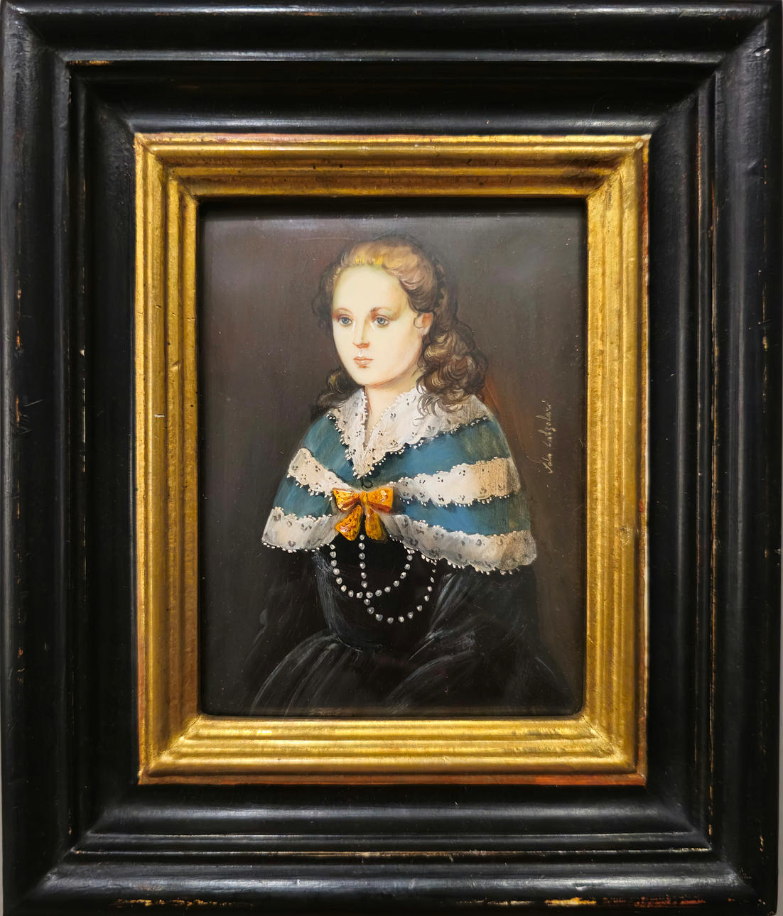 MINIATURE BONE PLATE PORTRAIT. EBONY FRAME.