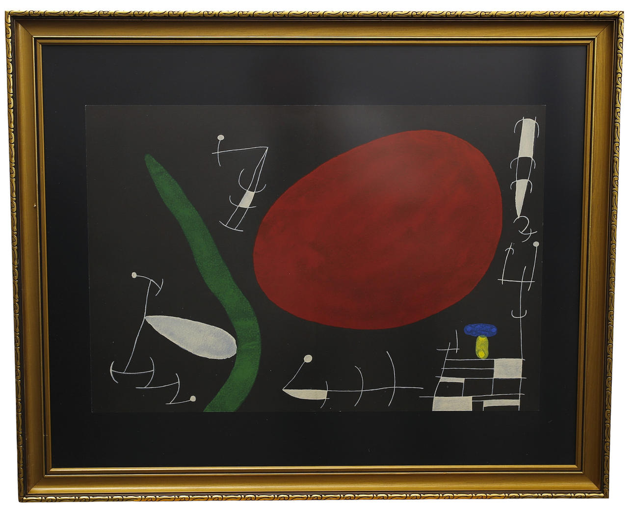 JOAN MIRÓ. After, Lithographic print from the folder Derriere Le Miroir, polychrome figure composition in mainly red and green,, no. 164-165, 1967.