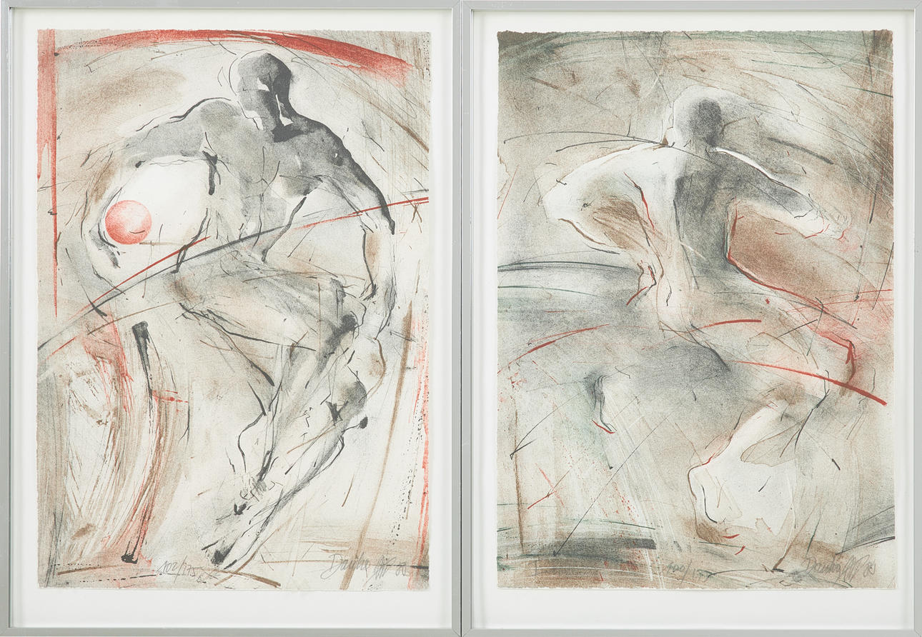 DANKA JAWORSKA. Composition with figure, 1 pair, lithograph in colours, numbered 100/175 and 102/175, signed.