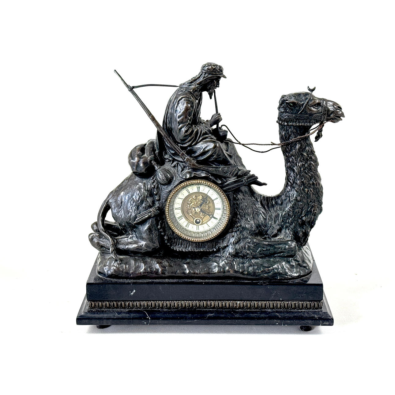 BRONZE CAMEL MANTEL CLOCK.