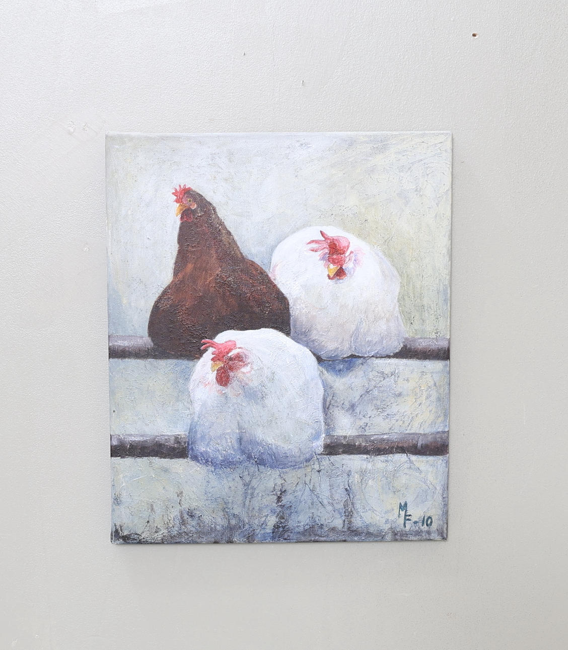 MARIANNE SKAGERLIND-FURÅ. Acrylic on canvas, three hens, signed and dated -10.