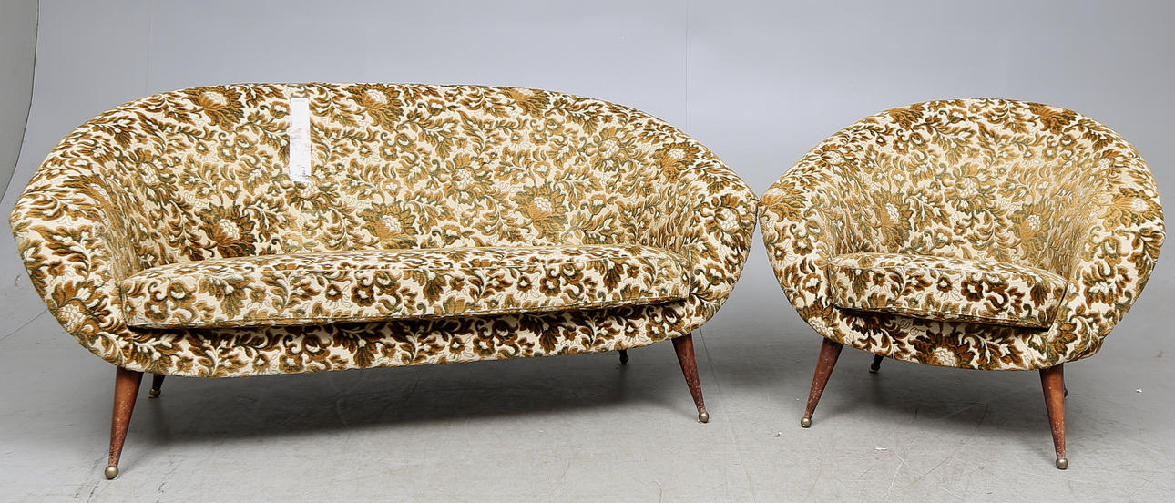 SOFFA och FÅTÖLJ,"Tellus" design Folke Janson för S M Wincrantz Möbelindustri AB 1950-tal.