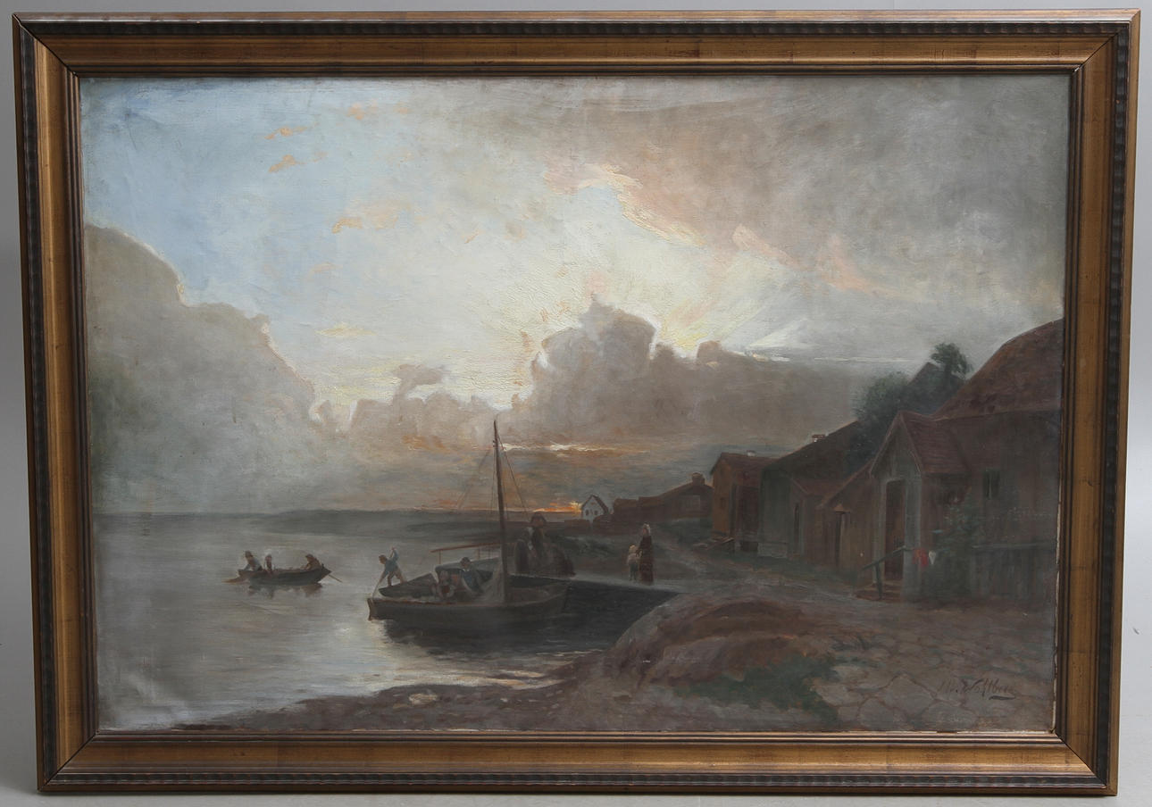 ALFRED WAHLBERG. Hamnmotiv med fiskare, olja på duk, signerad.