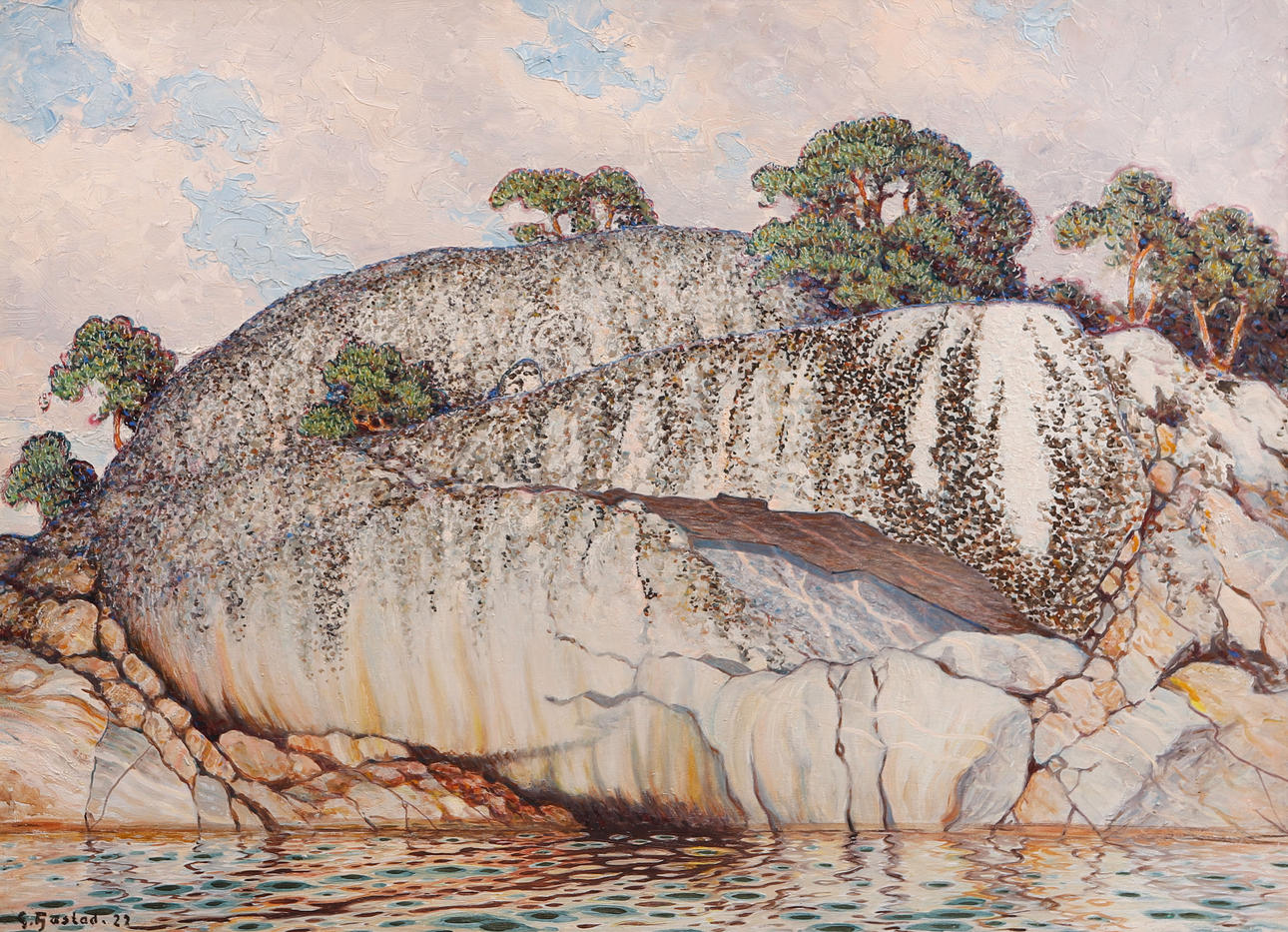 GUSTAF FJAESTAD. Klippa med tallar. Olja på pannå. Utförd 1922.