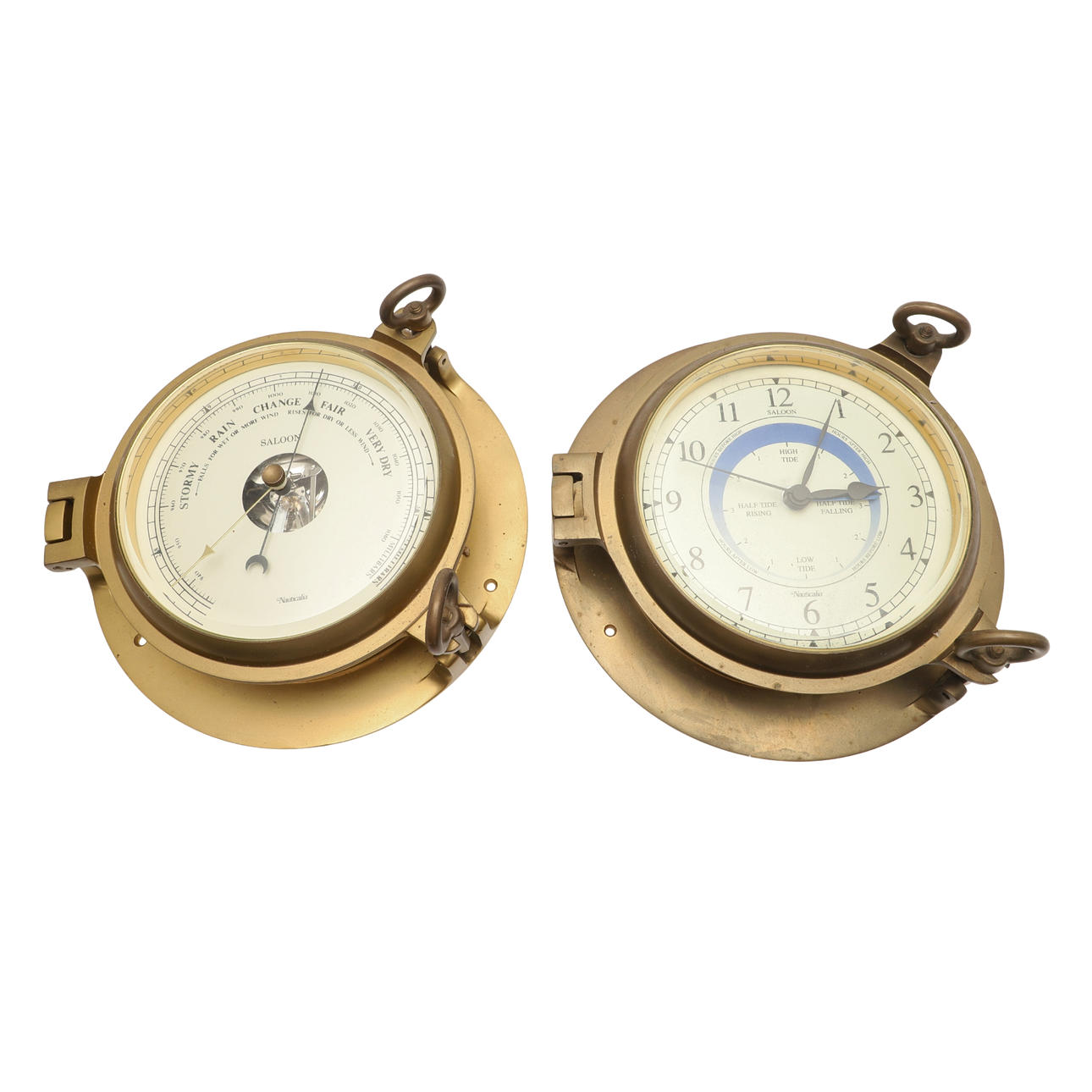 A BRASS CASED SHIPS BAROMETER AND CLOCK.