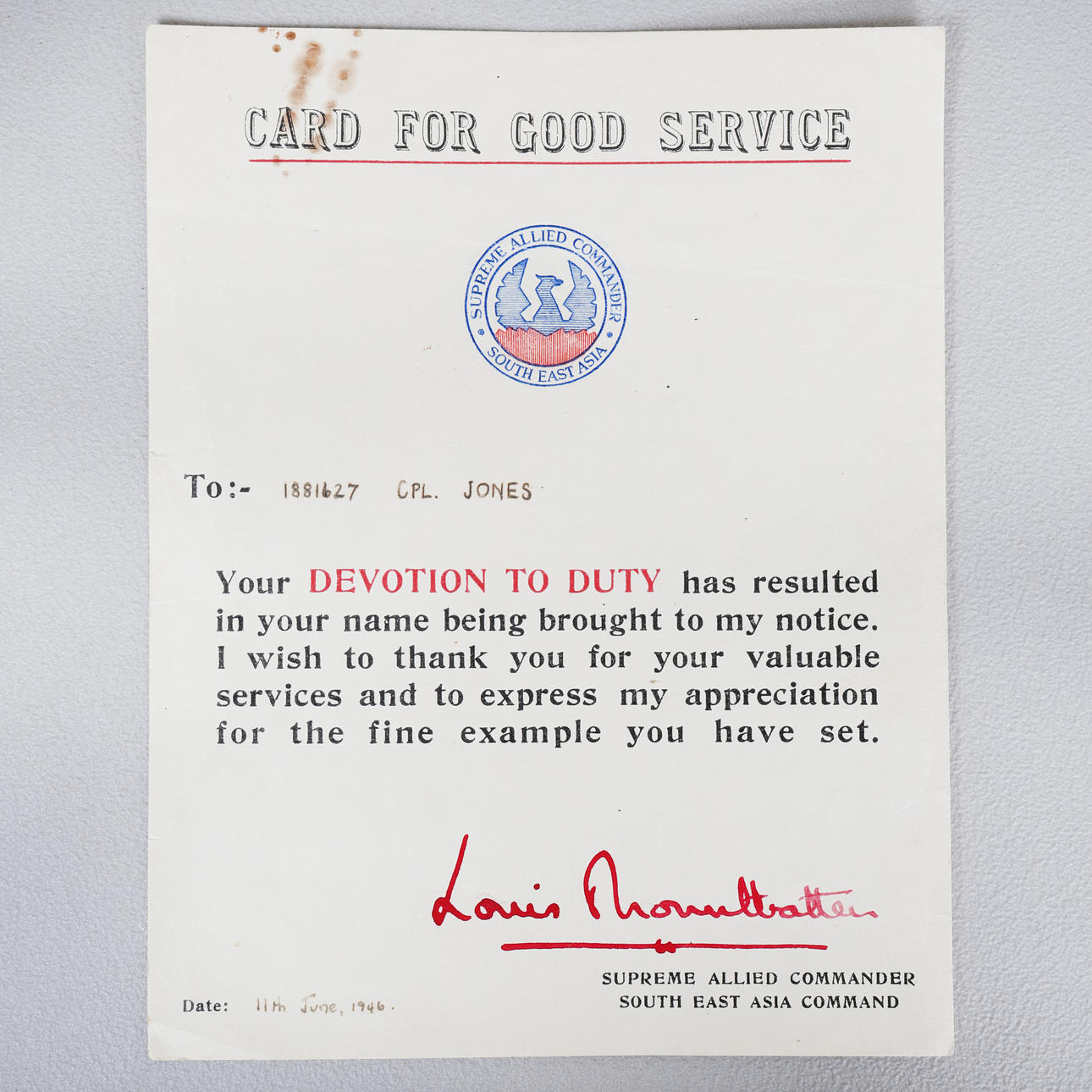 CARD FOR GOOD SERVICE WITH MOUNTBATTEN SIGNATURE.