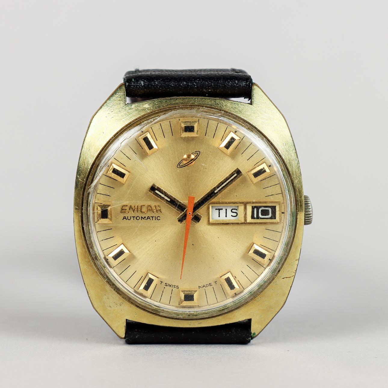 ENICAR Automatic, “Day-Date”, gilt steel, 1970s.