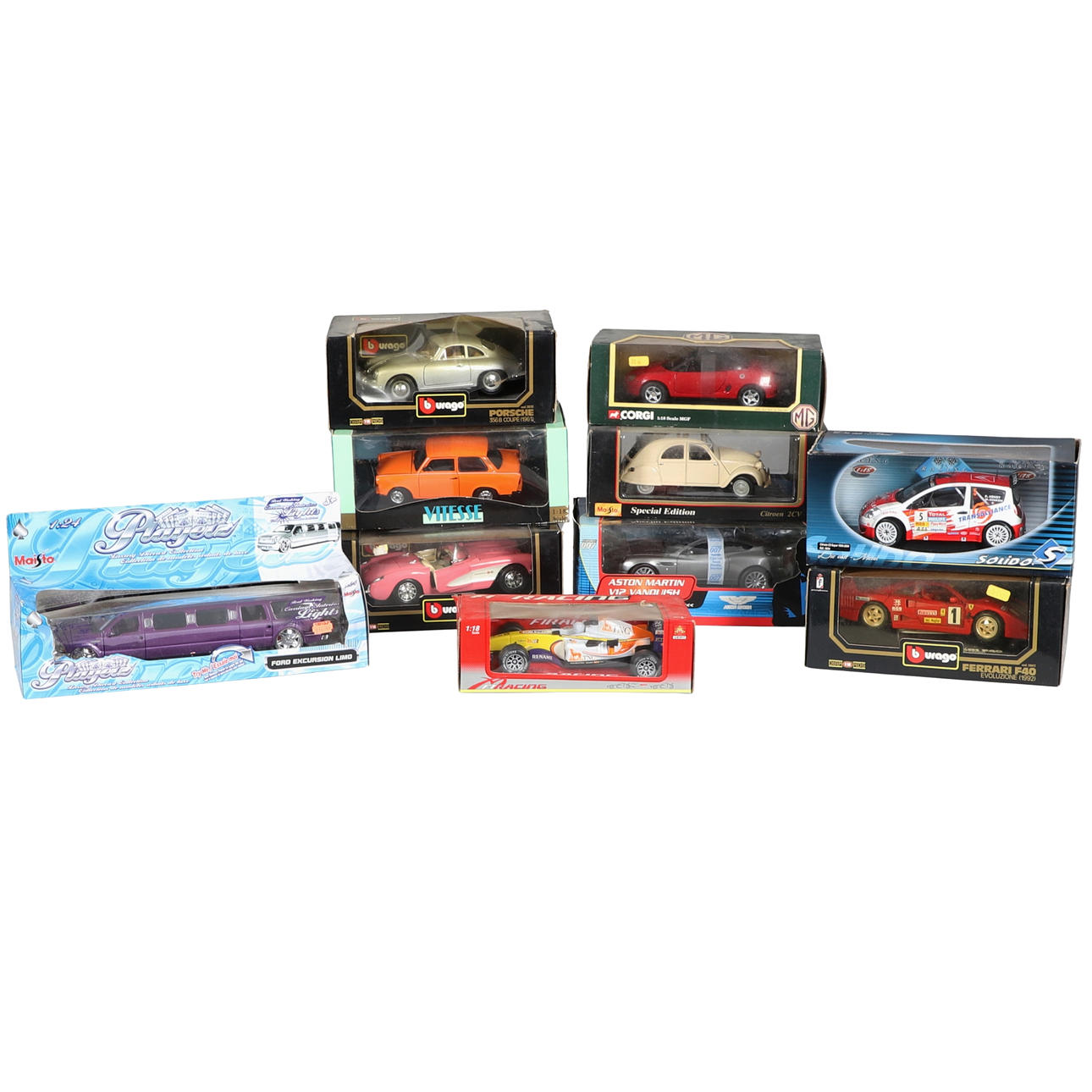 BOXED LARGE SCALE MODEL CARS - INCLUDING BURAGO & CORGI.
