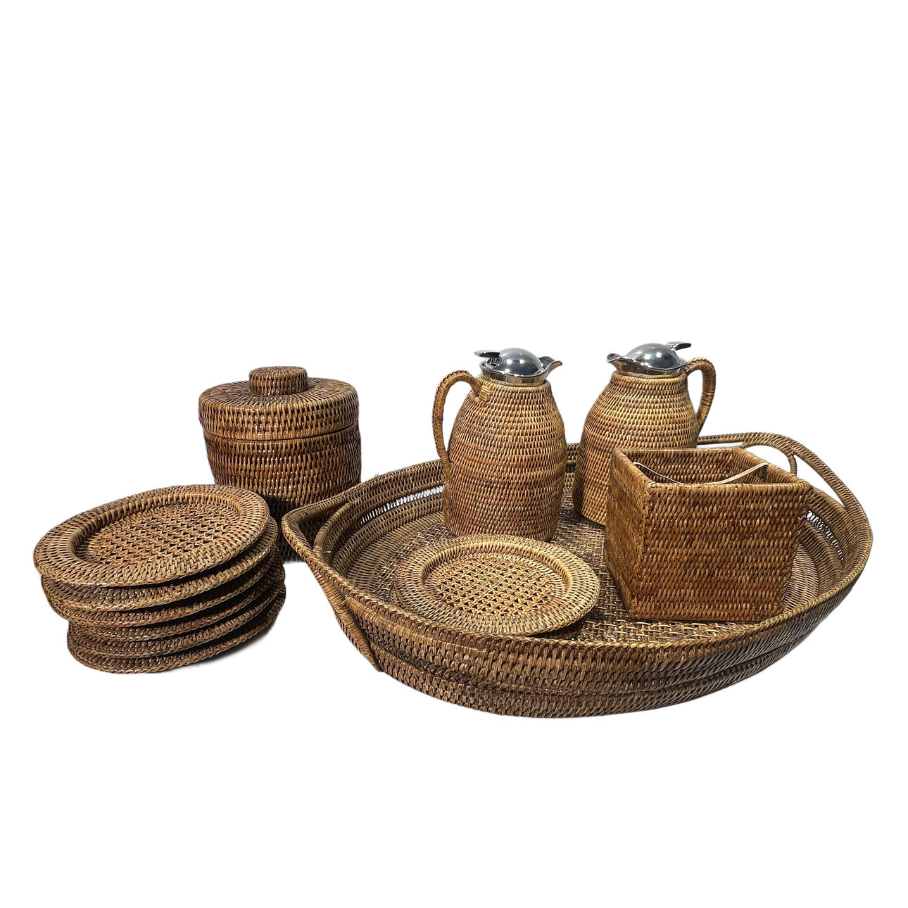 Rattan serving set Design, 20th century. Twelve pieces.