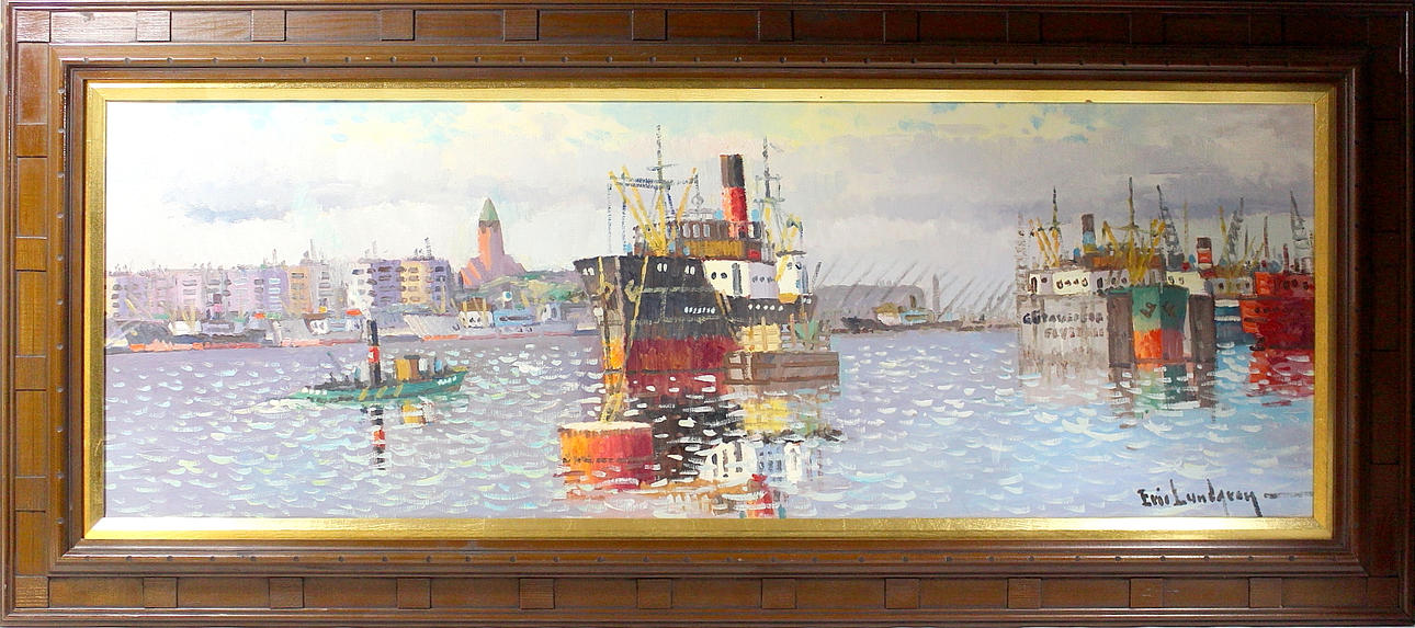 ERIK LUNDGREN. olja på duk, Göteborgs hamn, signerad.
