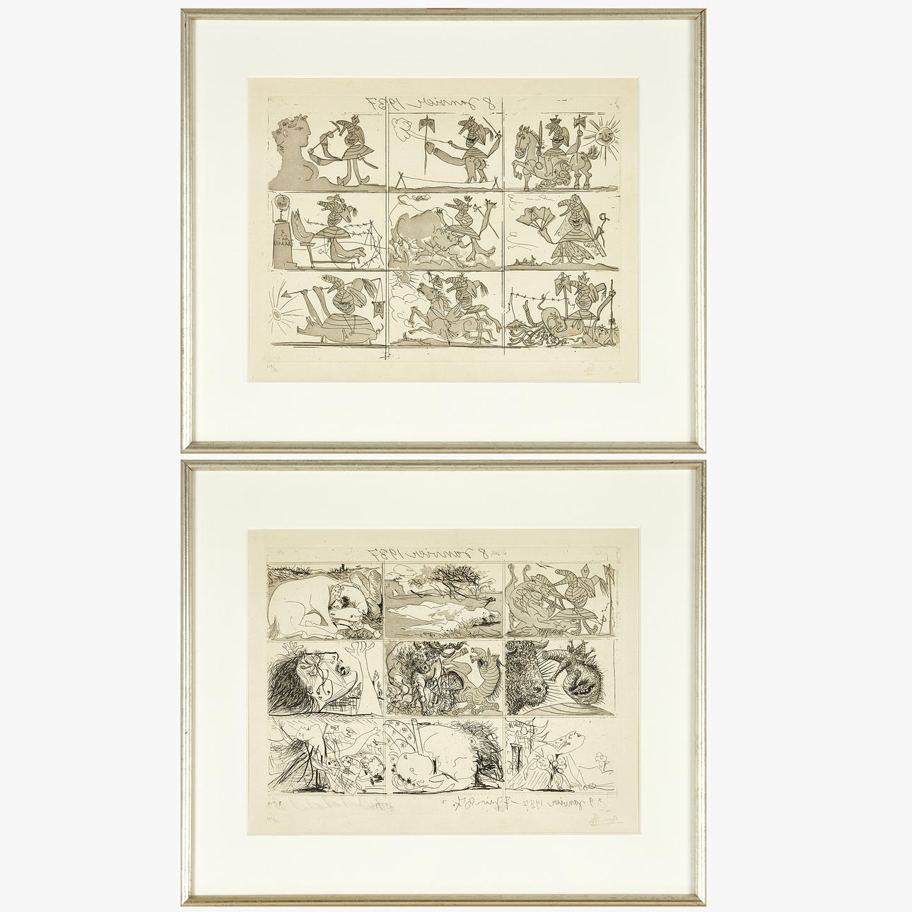 PABLO PICASSO (1881-1973): “Sueño y Mentira de Franco” (Planche I-II). Etching and aquatint, 1937, on Montval paper, both stamp signed (as is customary) and numbered in pencil 163/850.