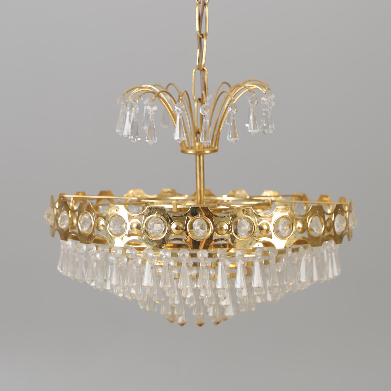 A brass ceiling lamp with prisms, late 20th century.