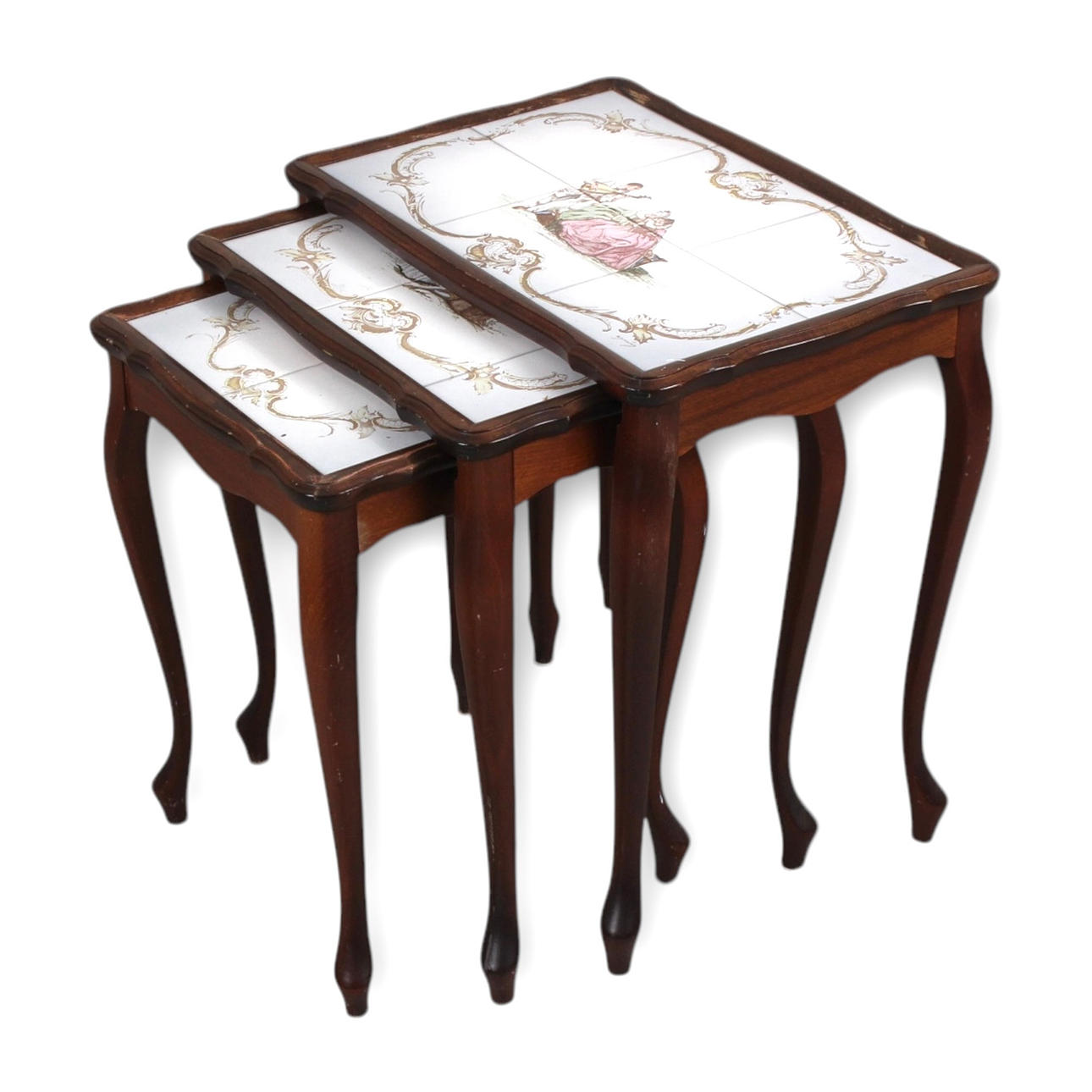 SET TABLE, 3 pieces, wood/tile, Rococo style, signed Edmund.