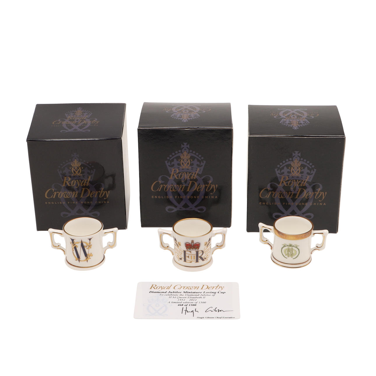 ROYAL CROWN DERBY - MINIATURE LOVING CUPS.