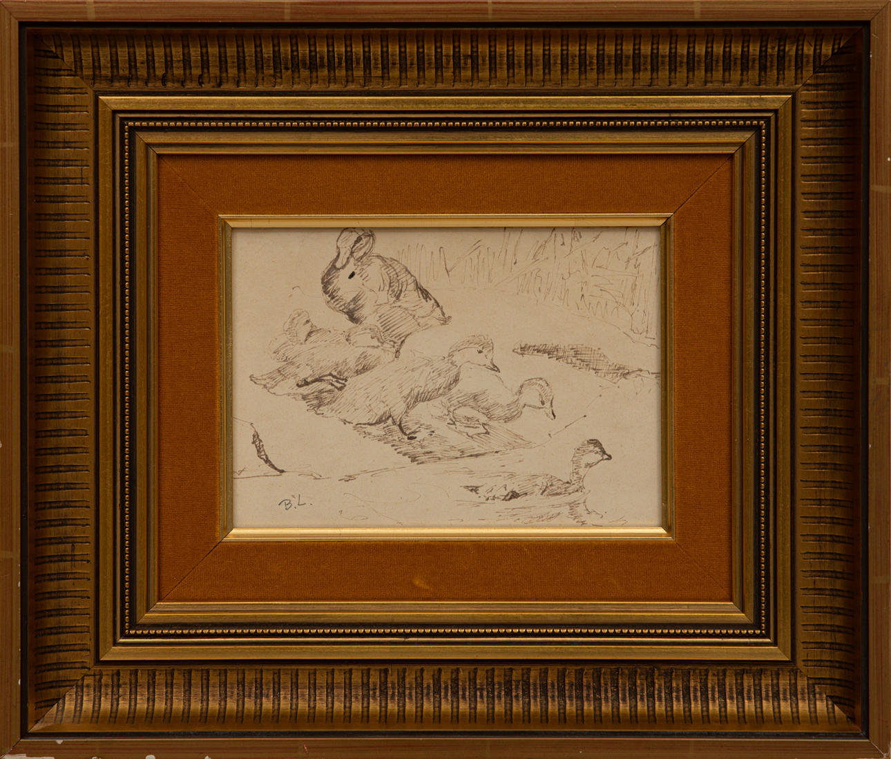OIDENTIFIERAD KONSTNÄR. Birds and hare, ink drawing, monogram signed B.L. in pencil.