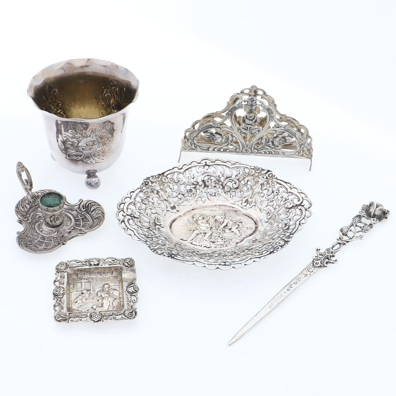 SILVER OBJECTS, 6 pcs, approx 228 grams.